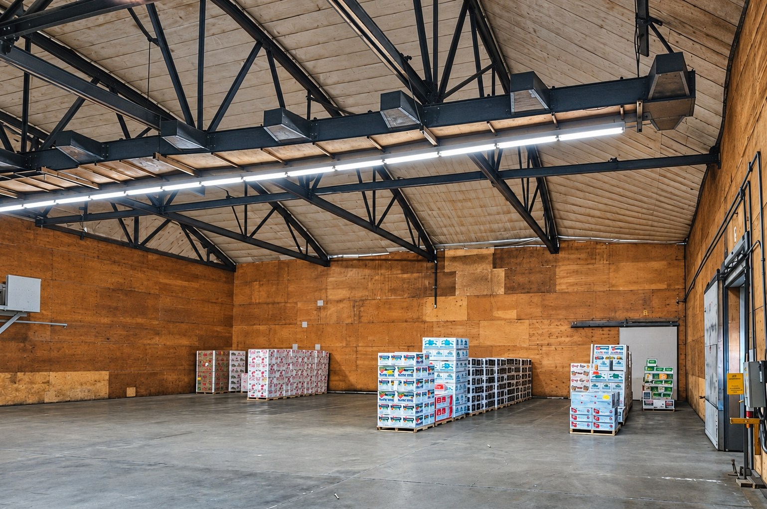 Dry warehouse interior with palletized produce boxes